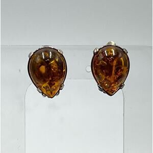 Sterling Silver 925 Prong‎ Teardrop Shape Glowing Amber Stud Clip On Earrings